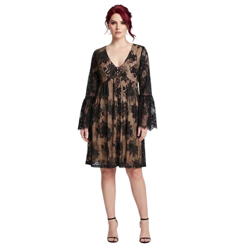 Xhilaration Black Lace Babydoll Dress With Nude Lining Large